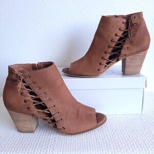Women's Lucky Brand Peep Toe lace-up Booties in chestnut brown leather
